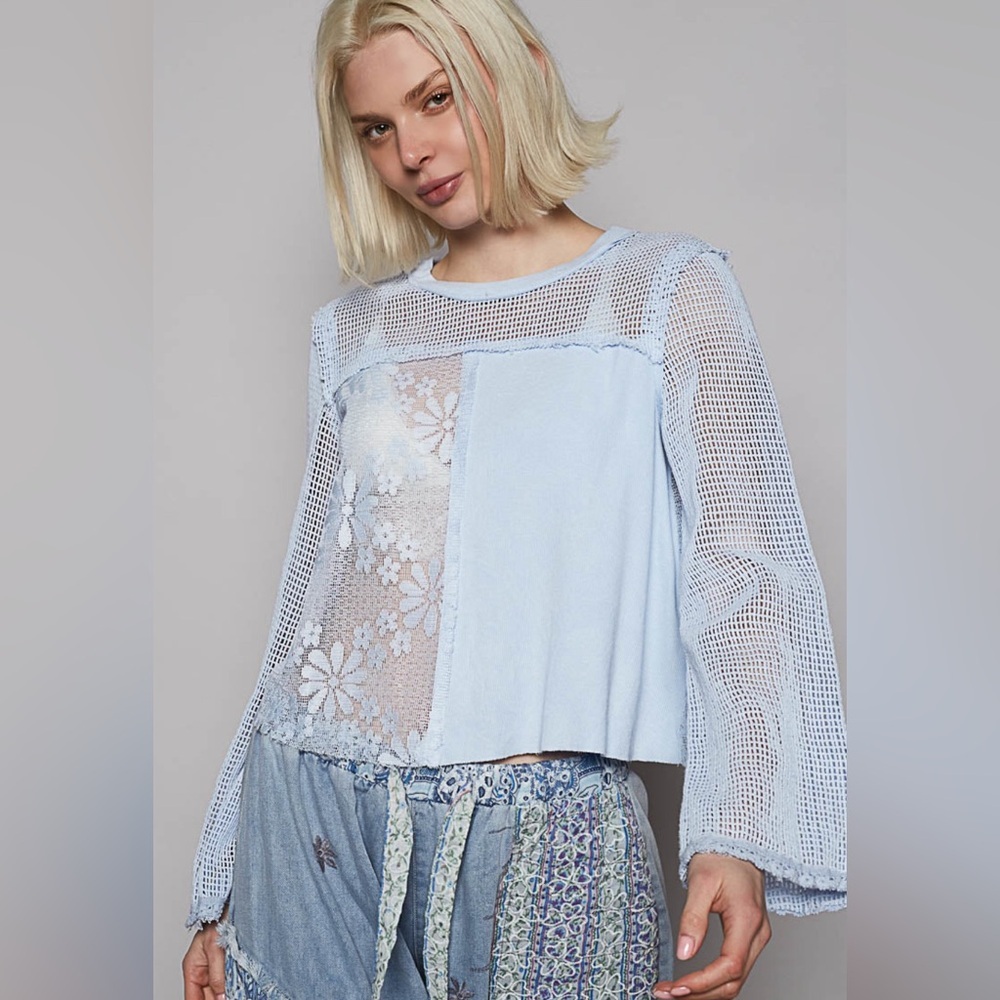 POL CROCHET PATCH LONG SLEEVE TOP-IN POWDER BLUE SIZE XL BRAND NEW IN POLY-BAG